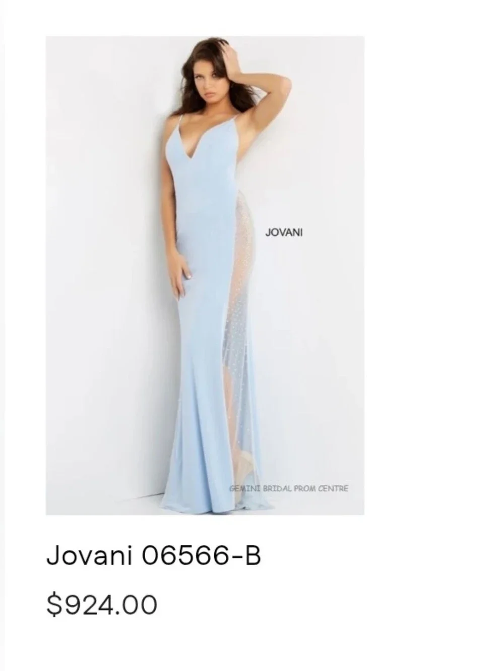 JOVANI Light Blue Backless Evening Gown with Embellished Sheer Panels